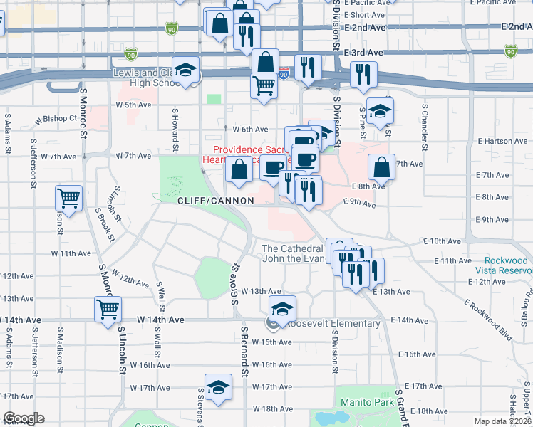 map of restaurants, bars, coffee shops, grocery stores, and more near 820 South McClellan Street in Spokane
