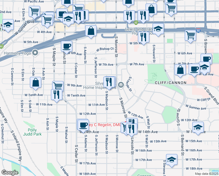 map of restaurants, bars, coffee shops, grocery stores, and more near 1022 West 9th Avenue in Spokane