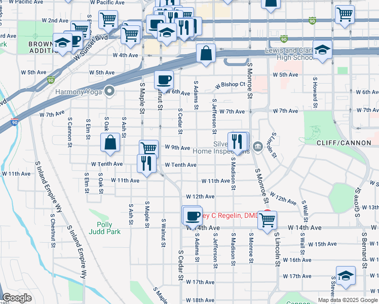 map of restaurants, bars, coffee shops, grocery stores, and more near 1324 West 9th Avenue in Spokane