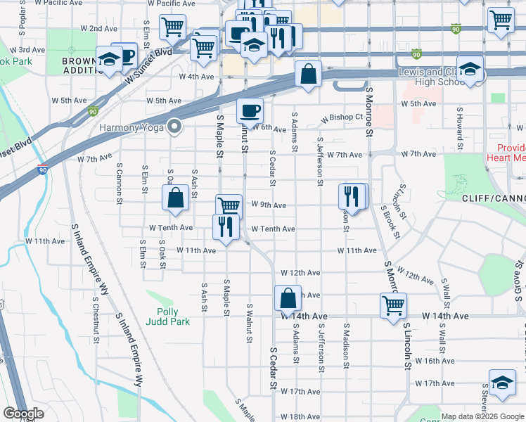 map of restaurants, bars, coffee shops, grocery stores, and more near 1422 West 9th Avenue in Spokane