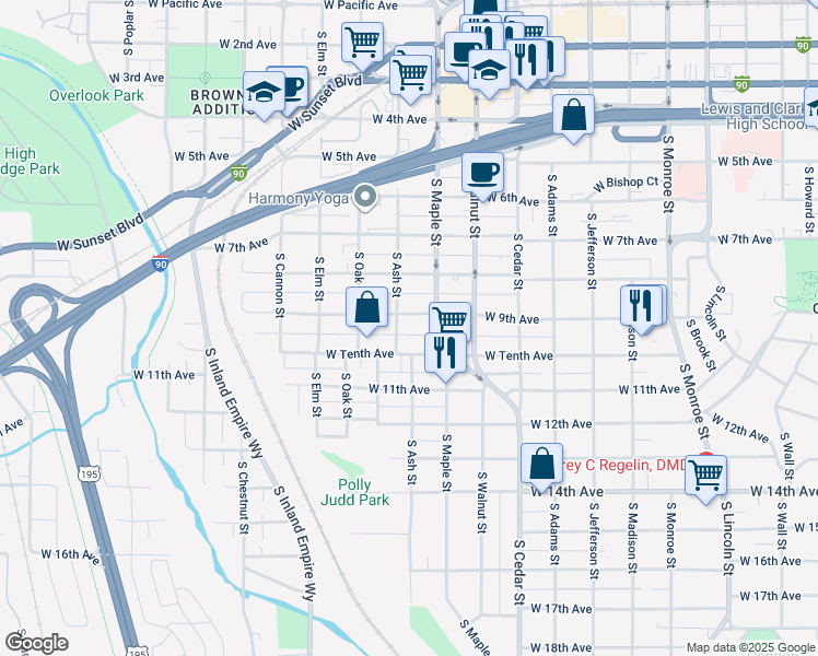 map of restaurants, bars, coffee shops, grocery stores, and more near 1616 West 9th Avenue in Spokane