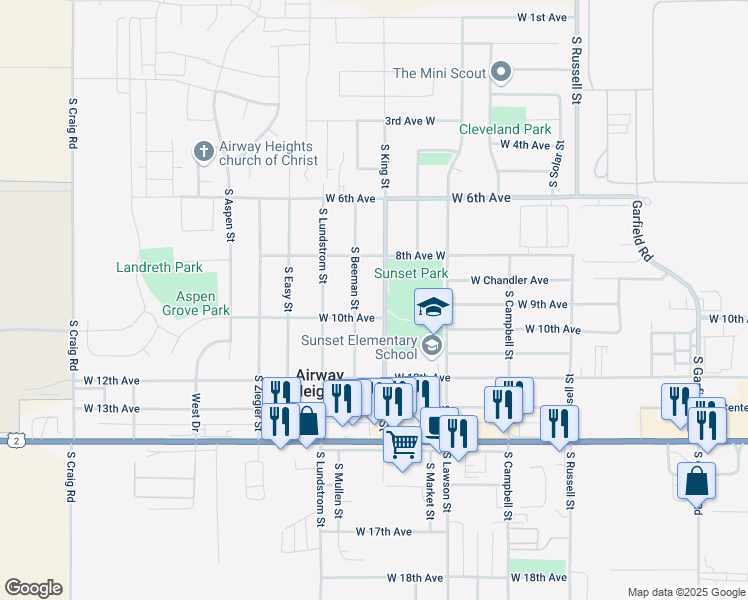 map of restaurants, bars, coffee shops, grocery stores, and more near 830 South King Street in Airway Heights