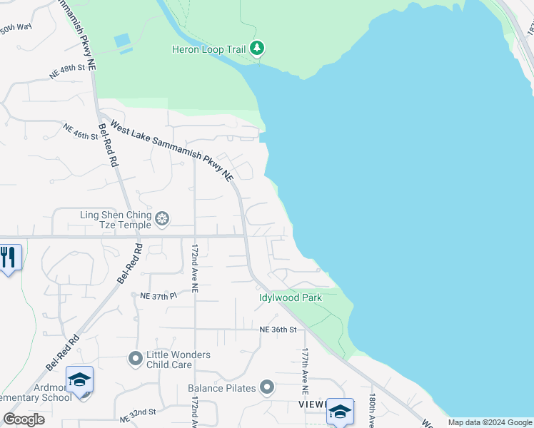 map of restaurants, bars, coffee shops, grocery stores, and more near 4050 West Lake Sammamish Parkway Northeast in Redmond