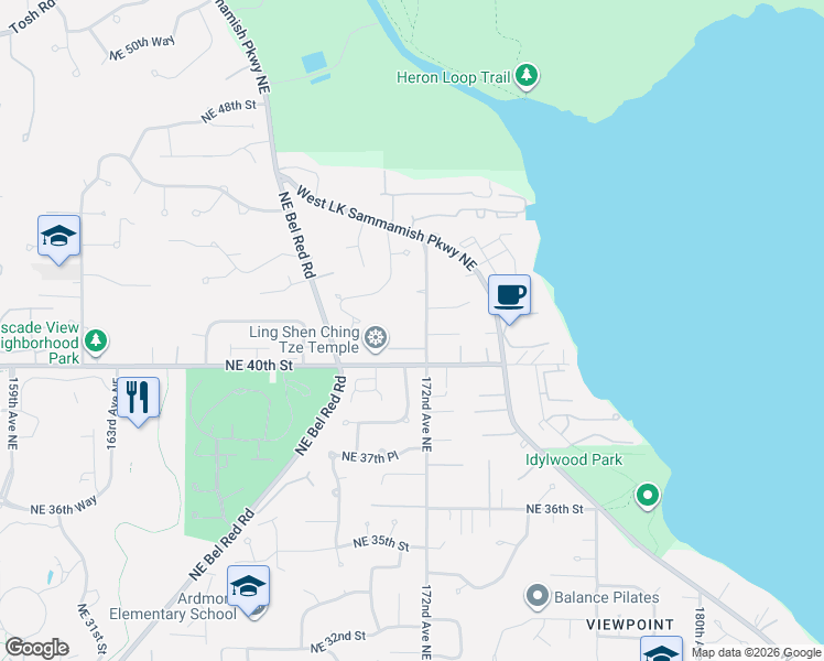 map of restaurants, bars, coffee shops, grocery stores, and more near 4041 172nd Avenue Northeast in Redmond