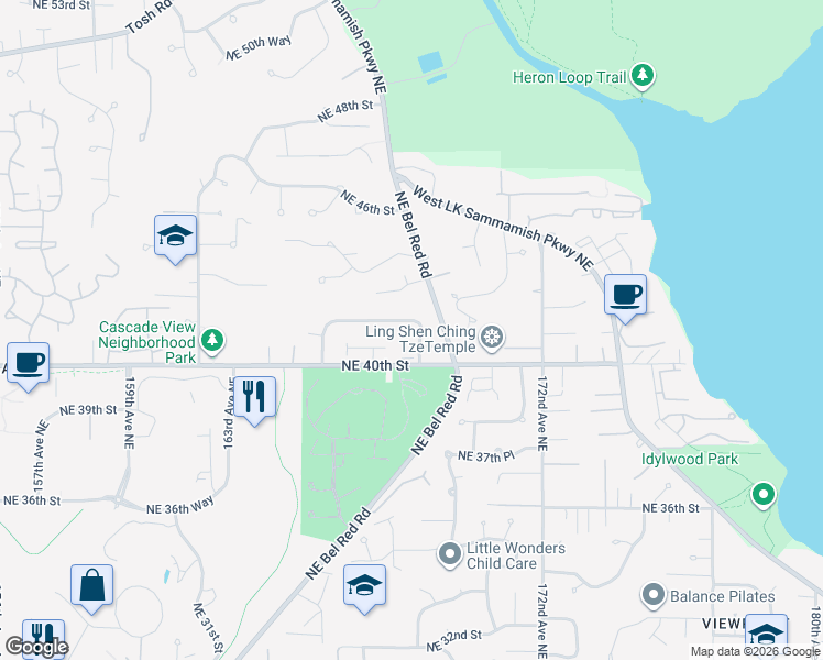 map of restaurants, bars, coffee shops, grocery stores, and more near 16734 Northeast 41st Street in Redmond