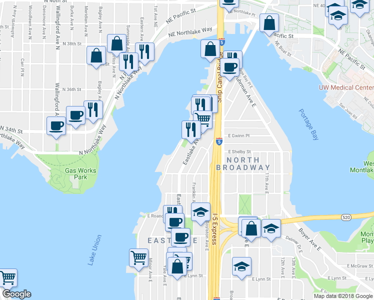 map of restaurants, bars, coffee shops, grocery stores, and more near 2900 Fairview Avenue East in Seattle