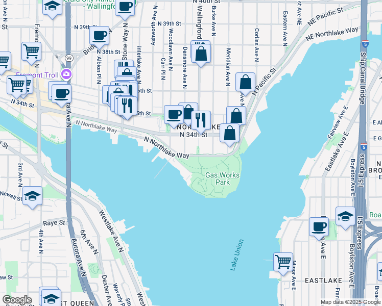 map of restaurants, bars, coffee shops, grocery stores, and more near in Seattle