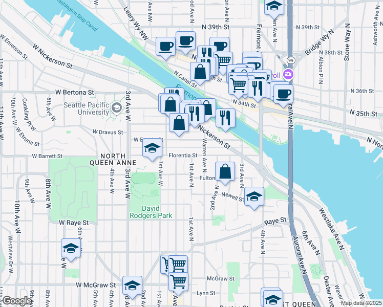 map of restaurants, bars, coffee shops, grocery stores, and more near 63 Etruria Street in Seattle