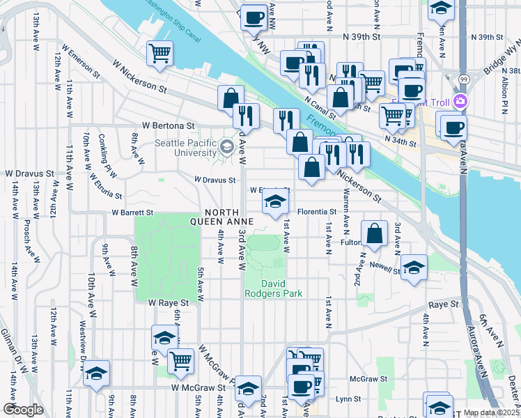 map of restaurants, bars, coffee shops, grocery stores, and more near 41 Etruria Street in Seattle