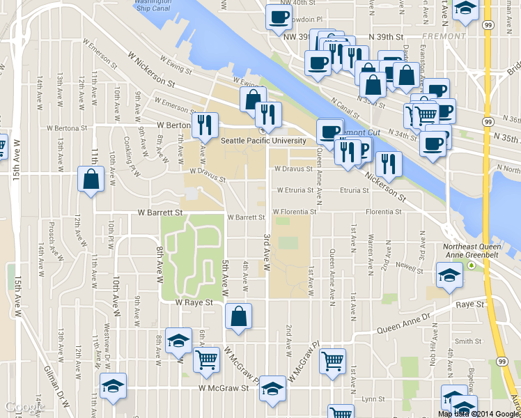 map of restaurants, bars, coffee shops, grocery stores, and more near in Seattle