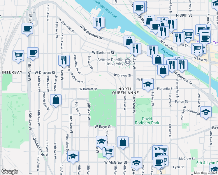 map of restaurants, bars, coffee shops, grocery stores, and more near 534 West Barrett Street in Seattle