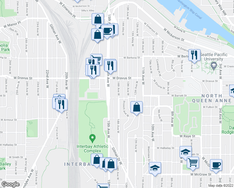 map of restaurants, bars, coffee shops, grocery stores, and more near 3030 14th Avenue West in Seattle