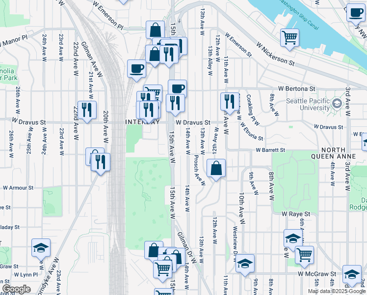 map of restaurants, bars, coffee shops, grocery stores, and more near 3000 15th Avenue West in Seattle