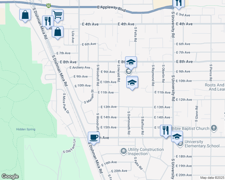 map of restaurants, bars, coffee shops, grocery stores, and more near 10004 East 10th Avenue in Spokane Valley