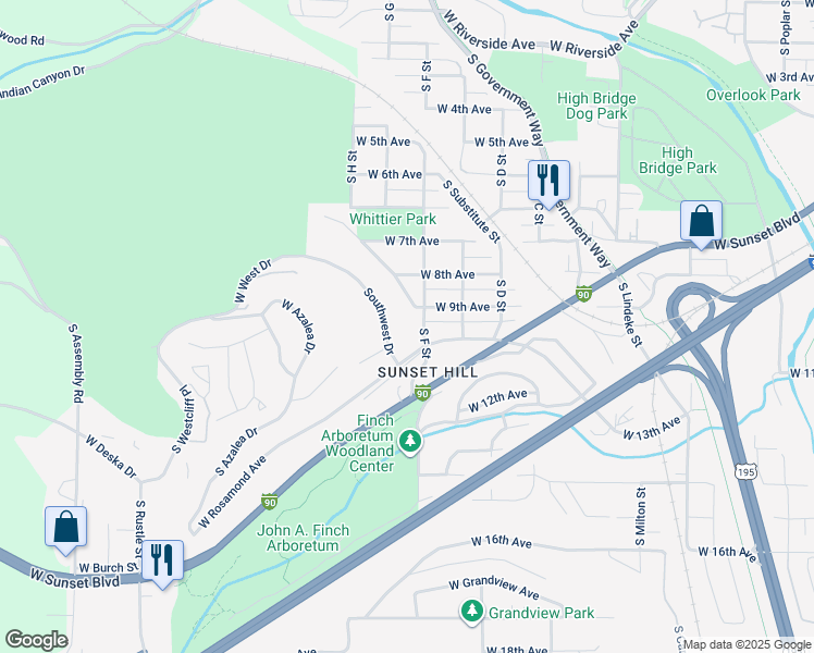 map of restaurants, bars, coffee shops, grocery stores, and more near 911 South F Street in Spokane