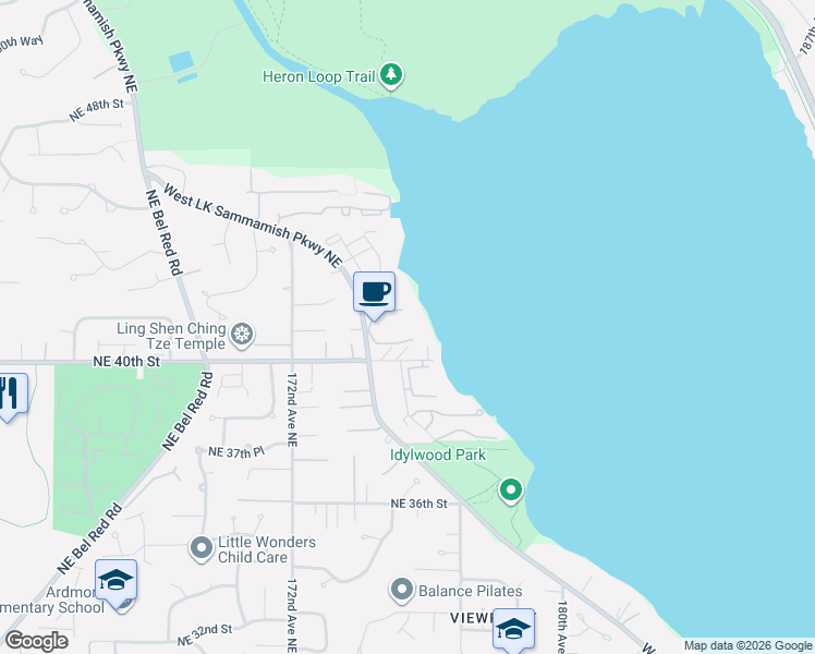 map of restaurants, bars, coffee shops, grocery stores, and more near 17434 Northeast 40th Place in Redmond