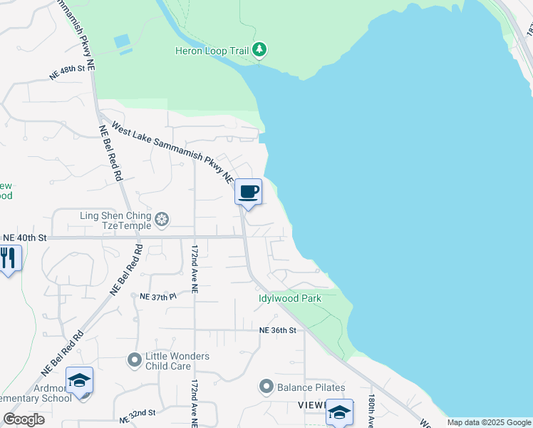 map of restaurants, bars, coffee shops, grocery stores, and more near 4030 West Lake Sammamish Parkway Northeast in Redmond