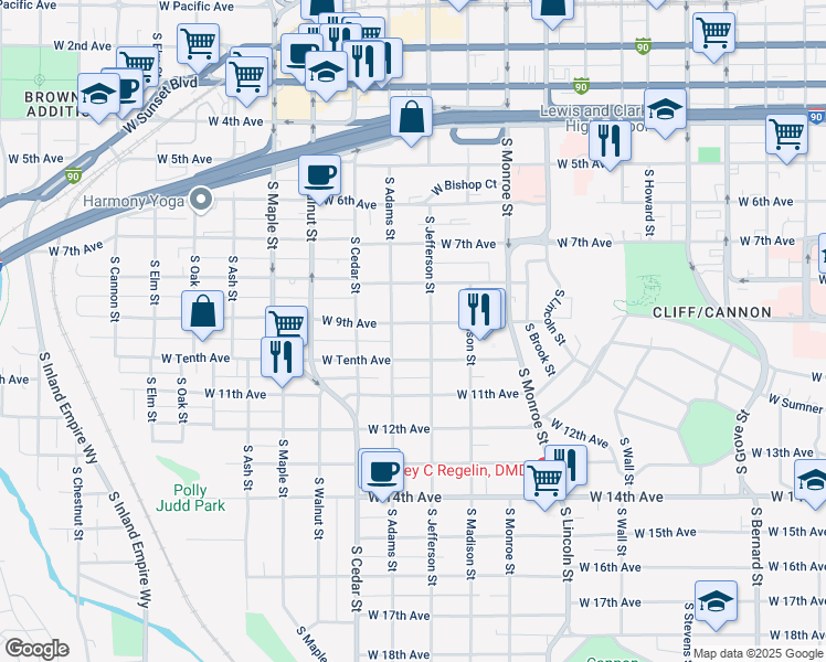 map of restaurants, bars, coffee shops, grocery stores, and more near 1211 West 9th Avenue in Spokane