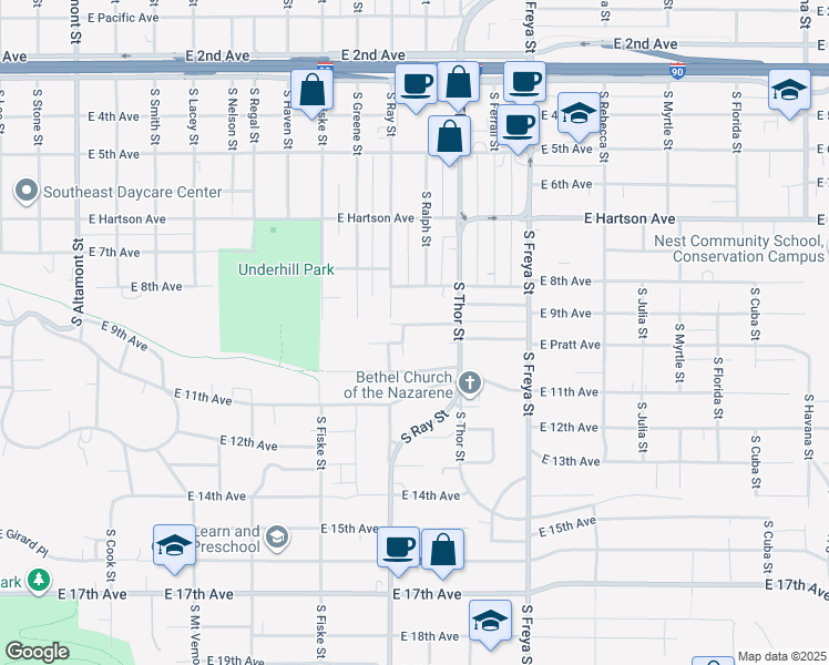 map of restaurants, bars, coffee shops, grocery stores, and more near 3303 East 9th Avenue in Spokane