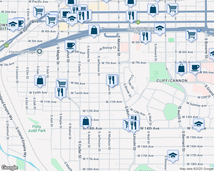 map of restaurants, bars, coffee shops, grocery stores, and more near 1118 West 9th Avenue in Spokane