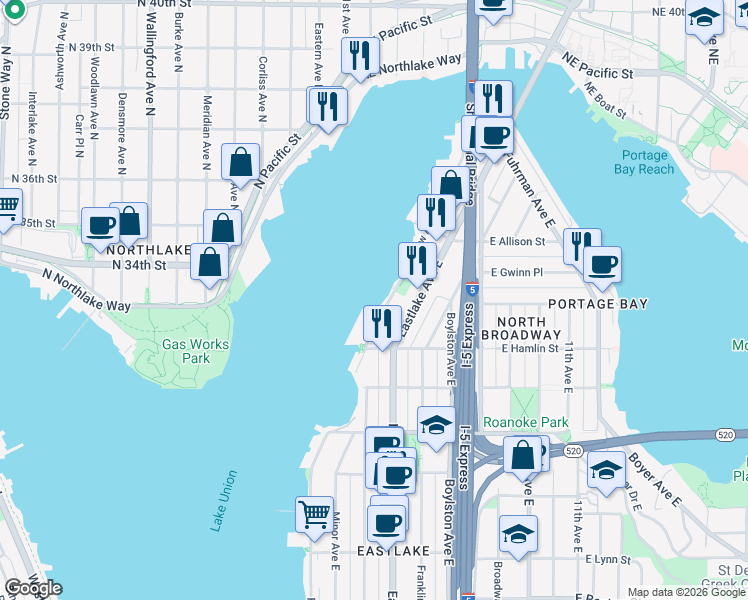 map of restaurants, bars, coffee shops, grocery stores, and more near 2821 Fairview Avenue East in Seattle