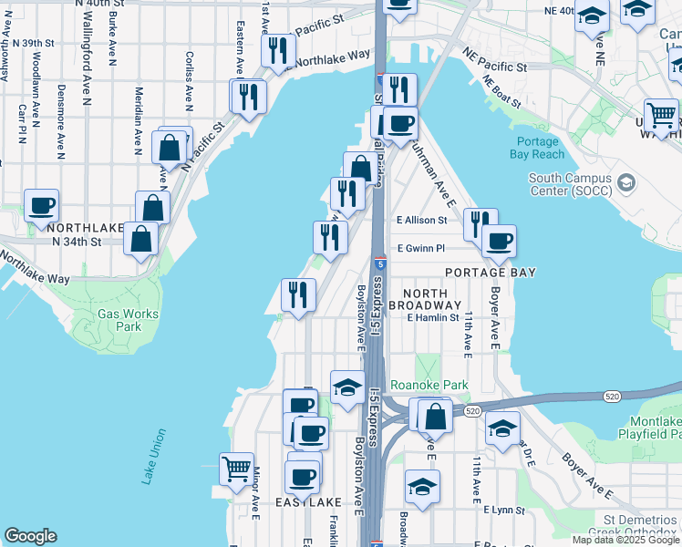 map of restaurants, bars, coffee shops, grocery stores, and more near 2852 Eastlake Avenue East in Seattle