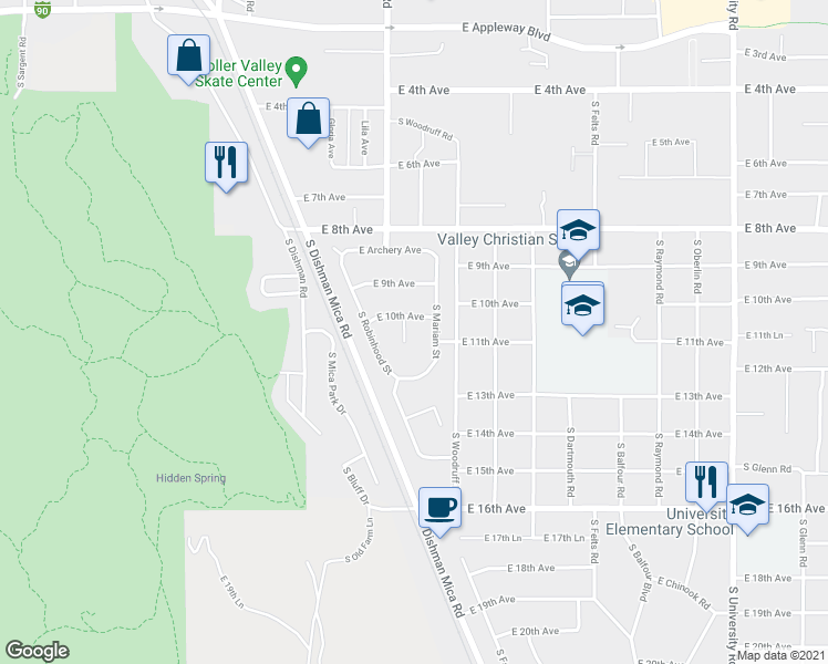 map of restaurants, bars, coffee shops, grocery stores, and more near 9619 East 10th Avenue in Spokane Valley