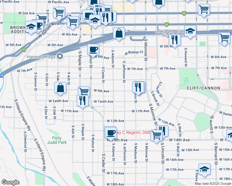 map of restaurants, bars, coffee shops, grocery stores, and more near 817 South Adams Street in Spokane