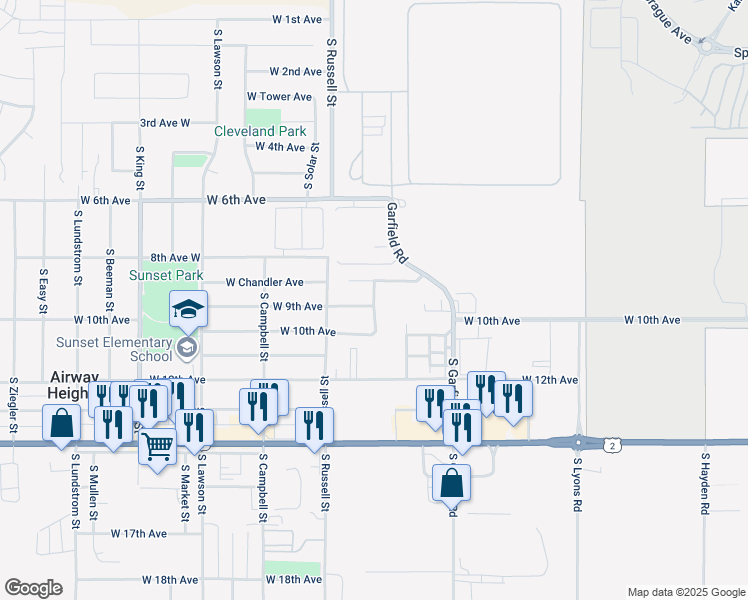 map of restaurants, bars, coffee shops, grocery stores, and more near 831 South Avalon Street in Airway Heights