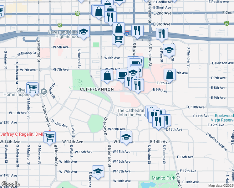 map of restaurants, bars, coffee shops, grocery stores, and more near 820 South McClellan Street in Spokane