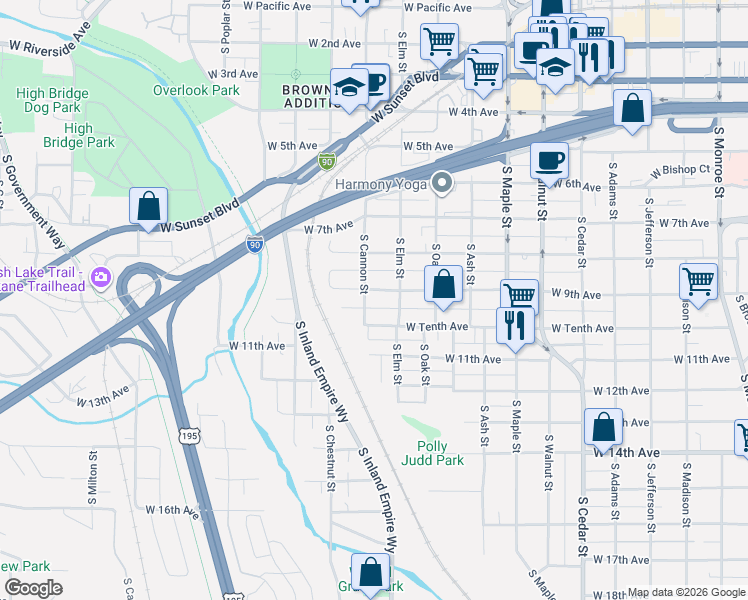 map of restaurants, bars, coffee shops, grocery stores, and more near 1922 West 9th Avenue in Spokane