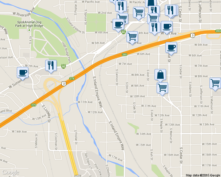 map of restaurants, bars, coffee shops, grocery stores, and more near 2024 West 9th Avenue in Spokane