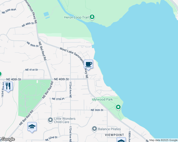 map of restaurants, bars, coffee shops, grocery stores, and more near 17494 Northeast 40th Place in Redmond