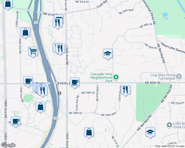 map of restaurants, bars, coffee shops, grocery stores, and more near 15606 Northeast 40th Street in Redmond