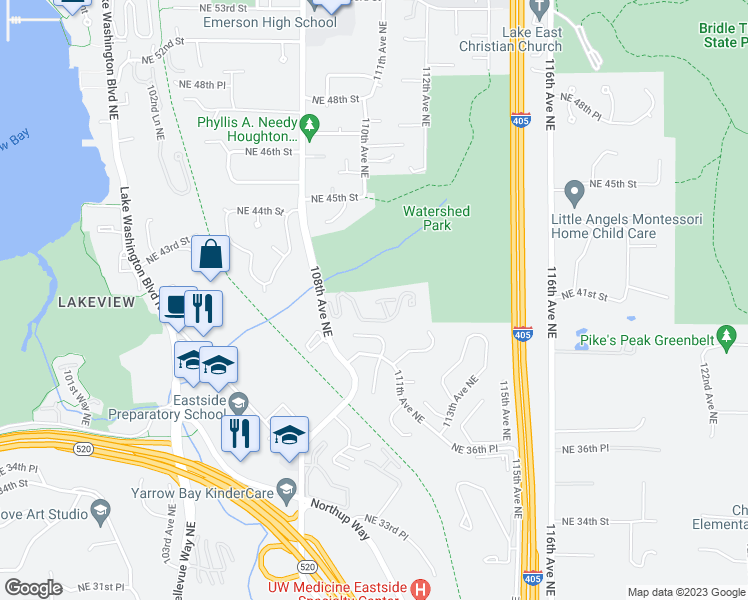 map of restaurants, bars, coffee shops, grocery stores, and more near 11032 Northeast 41st Drive in Kirkland