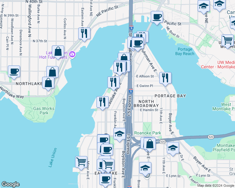 map of restaurants, bars, coffee shops, grocery stores, and more near 2900 Fairview Avenue East in Seattle