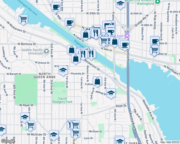 map of restaurants, bars, coffee shops, grocery stores, and more near 201 Nickerson Street in Seattle