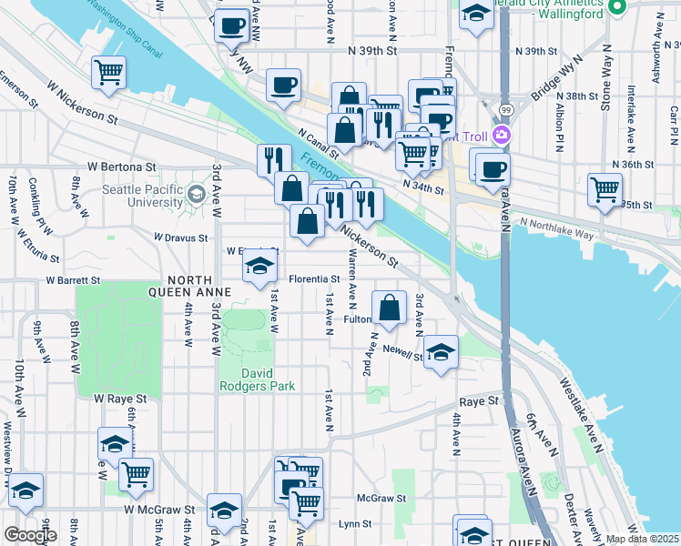 map of restaurants, bars, coffee shops, grocery stores, and more near 63 Etruria Street in Seattle