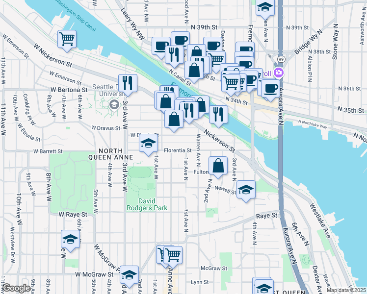 map of restaurants, bars, coffee shops, grocery stores, and more near 29 Etruria Street in Seattle