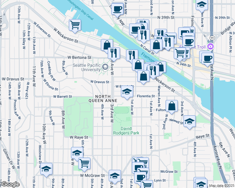 map of restaurants, bars, coffee shops, grocery stores, and more near 41 Etruria Street in Seattle