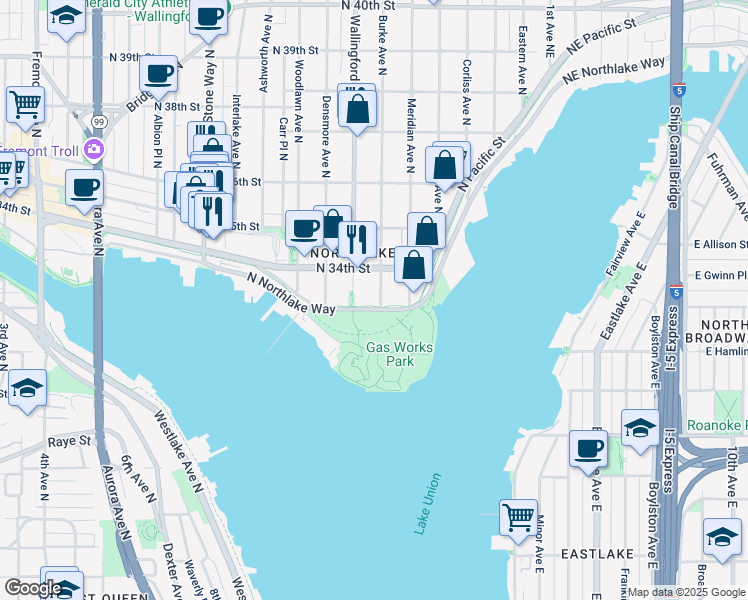 map of restaurants, bars, coffee shops, grocery stores, and more near 3325 Burke Avenue North in Seattle
