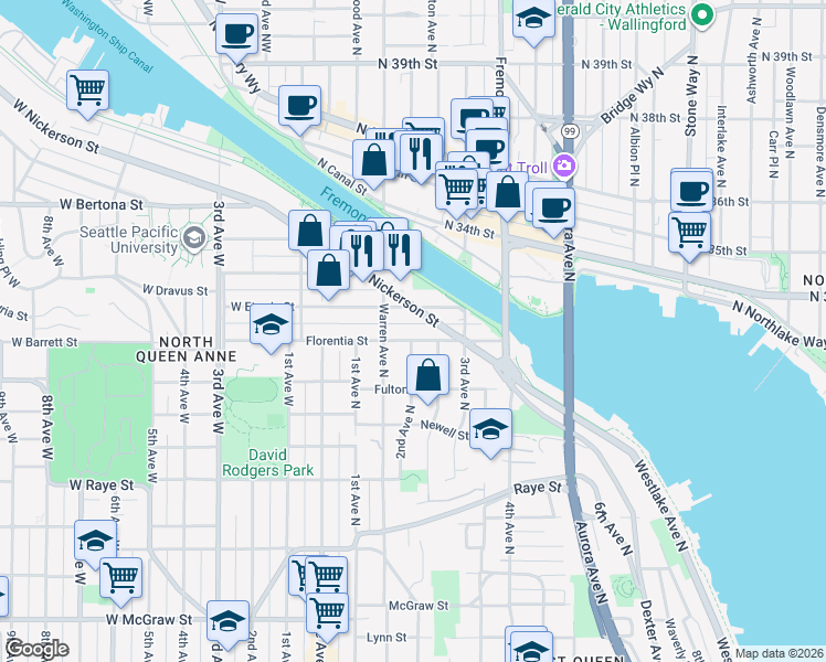 map of restaurants, bars, coffee shops, grocery stores, and more near 201 Nickerson Street in Seattle