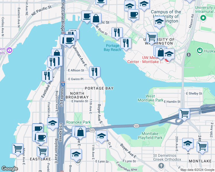 map of restaurants, bars, coffee shops, grocery stores, and more near 1212 East Shelby Street in Seattle