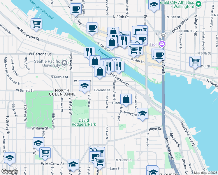 map of restaurants, bars, coffee shops, grocery stores, and more near 63 Etruria Street in Seattle