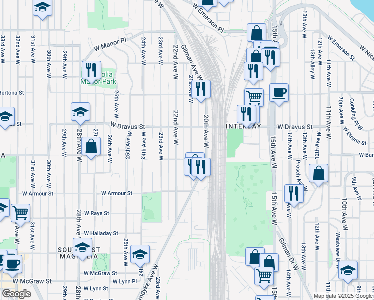 map of restaurants, bars, coffee shops, grocery stores, and more near 3027a 21st Avenue West in Seattle