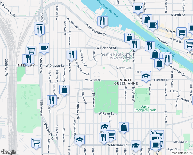 map of restaurants, bars, coffee shops, grocery stores, and more near 721 West Florentia Place in Seattle