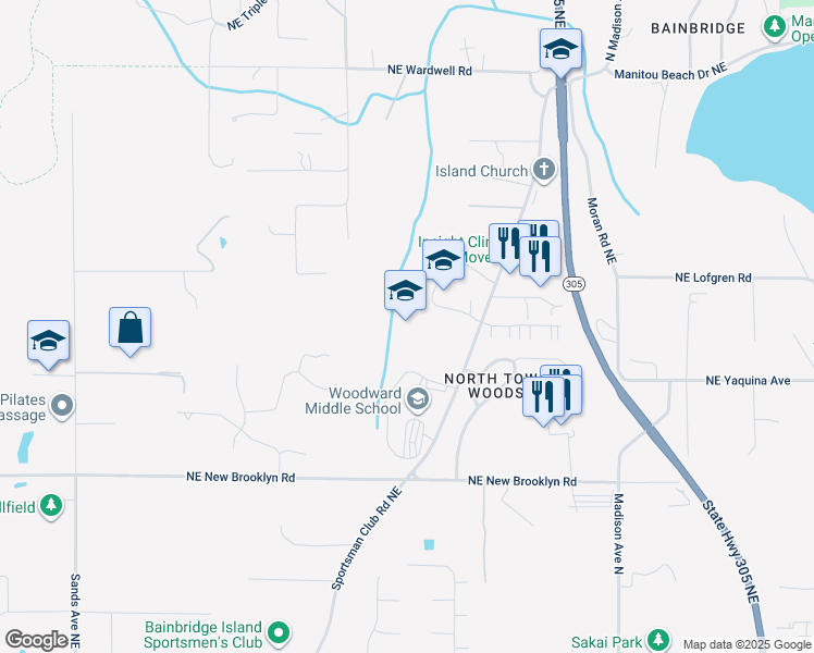 map of restaurants, bars, coffee shops, grocery stores, and more near 9100 Sportsman Club Road Northeast in Bainbridge Island