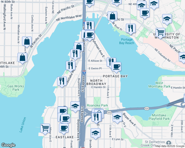 map of restaurants, bars, coffee shops, grocery stores, and more near 833 East Gwinn Place in Seattle