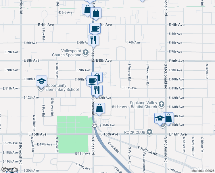 map of restaurants, bars, coffee shops, grocery stores, and more near 1015 South Houk Road in Spokane Valley