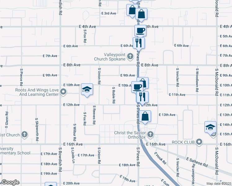 map of restaurants, bars, coffee shops, grocery stores, and more near 1009 South Robie Road in Spokane Valley
